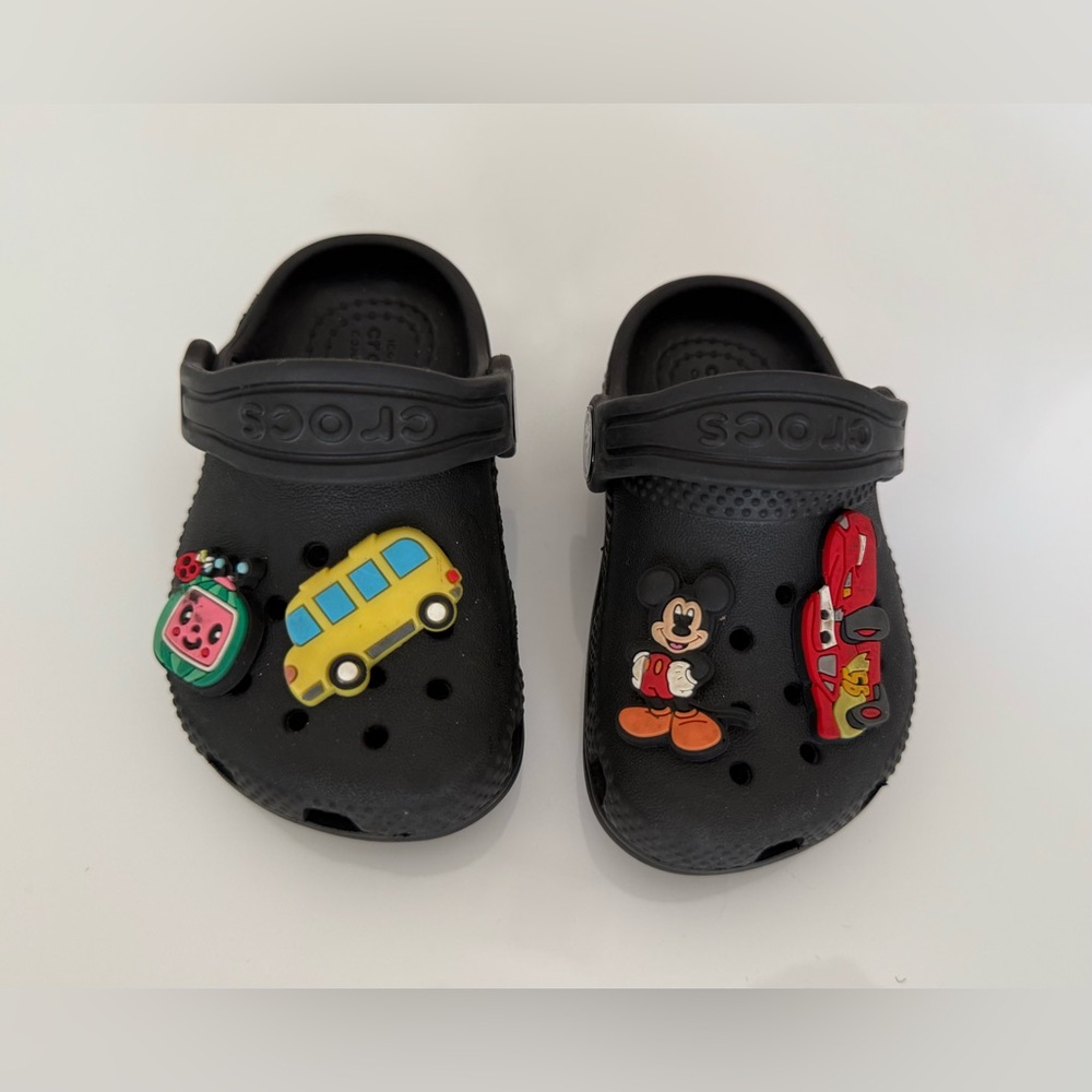 CROCS Kids Black Clogs with Fun Cartoon Charms